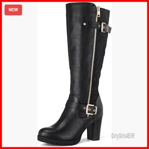 Women's Knee High Boots Chunky Block Heel Winter Boots Side Zippers